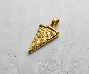 14K Gold Vermeil Silver Pizza Pendant with detailed pepperoni and mushrooms shown on a textured white surface.