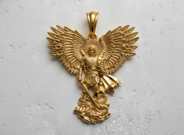 14K gold vermeil Archangel Michael pendant displaying winged figure slaying dragon with sword and shield