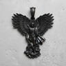 Front view of black rhodium plated sterling silver Archangel Michael pendant defeating a dragon