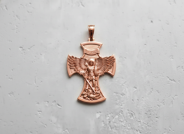 Rose gold plated Silver St. Michael Pendant featuring winged archangel defeating a dragon on grey background
