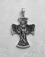 Front view of 925 sterling silver St. Michael cross pendant with oxidized finish and detailed relief