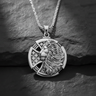 Silver lion cross pendant with chain, showing the detailed lion head and interwoven cross design on a dark slate background.