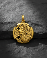 Men's lion cross pendant in a brilliant all-gold finish, showcasing the high-relief lion head and Byzantine cross.