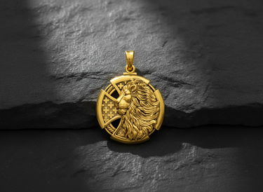 Men's lion cross pendant in a brilliant all-gold finish, showcasing the high-relief lion head and Byzantine cross.