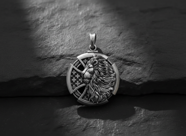 Front-facing close-up of the black rhodium plated Silver Lion Cross Pendant, detailing the interwoven cross pattern.
