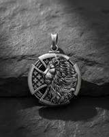 Top-down view of the 925 sterling silver lion cross pendant, emphasizing the polished finish and intricate craftsmanship.