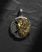 Top-down view of the Lion Cross Pendant, highlighting the gold-plated lion head against the sterling silver cross.