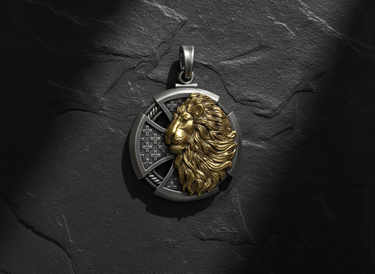 Close-up of the two-tone lion cross pendant, highlighting the gold-plated lion head against the oxidized silver cross.