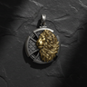 Men's silver lion cross pendant featuring a gold lion head against an oxidized silver cross with geometric patterns.