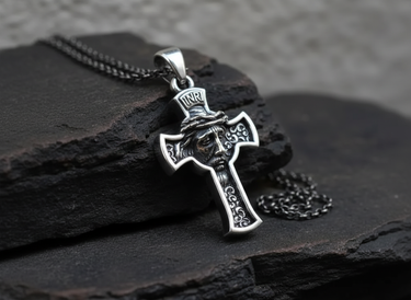 Angled view of the Silver Jesus Cross Pendant showing its 3D relief and oxidized details, paired with a sterling silver chain.