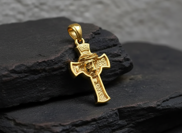 14K gold vermeil Jesus cross pendant with INRI inscription and crown of thorns detail, displayed on a dark stone surface.