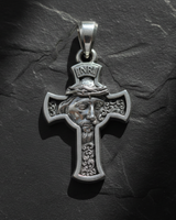 Close-up of the detailed 925 sterling silver Jesus Cross Pendant, showcasing the ornate scrollwork and oxidized finish.