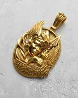 14K gold vermeil over silver Valkyrie pendant featuring winged helmet and eagle detail on white background
