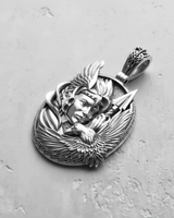 925 sterling silver Valkyrie pendant featuring warrior profile with winged helmet and eagle on textured background