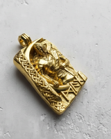 Gold-plated Viking warrior pendant showcasing the high-relief detail of the Norse figure, crescent moon, and runes.