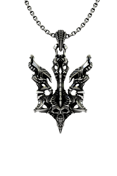 Silver Biomechanical Trident Skull Pendant
