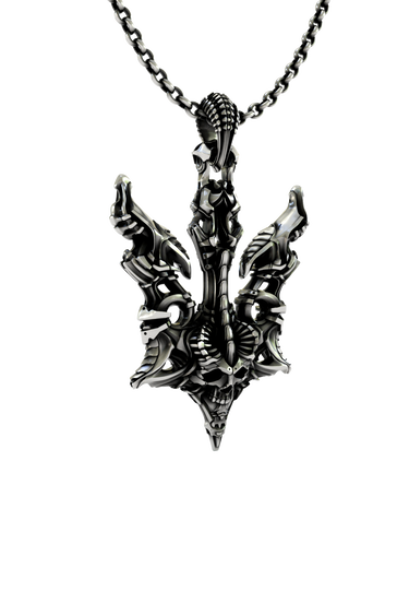 Silver Biomechanical Trident Skull Pendant