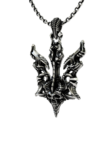 Silver Biomechanical Trident Skull Pendant
