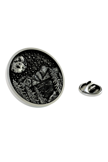 Silver Moonlit Mountain Lapel Pin