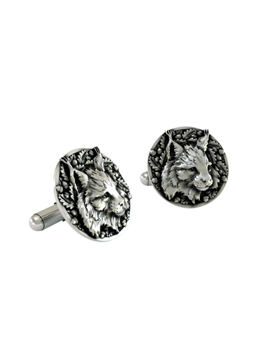 A macro close-up of a Silver Lynx Cufflink, emphasizing the fine details in the fur, tufted ears, and surrounding acorns.