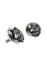 A macro close-up of a Silver Wolf Cufflink, highlighting the intricate fur texture and the detailed forest and moon background.