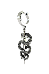 A person wearing the 925 sterling silver Serpent Sword Earring as a bold, symbolic statement piece.