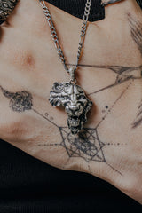 African Lion Pendant in 925 sterling silver - front view showing the roaring lion face and Africa map outline