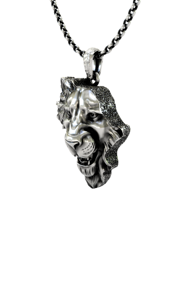 African Lion Pendant in 925 sterling silver worn as a bold statement piece of animal and heritage jewelry