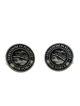 Air Force Cufflinks in 925 sterling silver - front view showcasing the fighter jets, American flag, and "Freedom in Flight" motto.