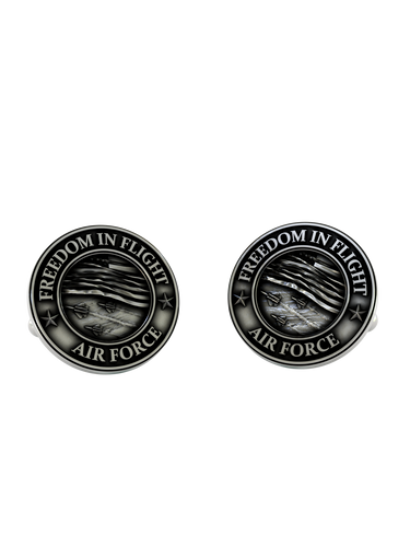 Air Force Cufflinks in 925 sterling silver - front view showcasing the fighter jets, American flag, and "Freedom in Flight" motto.
