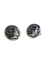 Alexander the Great 925 sterling silver cufflinks - angled pair view of the classical portrait with the Horns of Ammon.