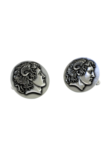Alexander the Great 925 sterling silver cufflinks - angled pair view of the classical portrait with the Horns of Ammon.