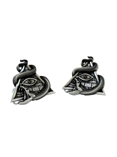 All-Seeing Eye Cufflinks in 925 sterling silver - front view showcasing the pyramid, eye, and coiled serpent design.