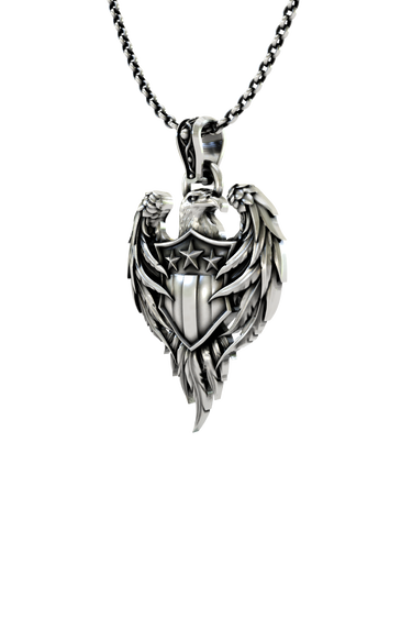 American Eagle Pendant in 925 sterling silver worn as a bold symbol of patriotic and military pride