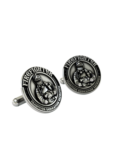 An extreme close-up of a Firefighter Cufflink, emphasizing the fine details of the breathing apparatus and the bold lettering.