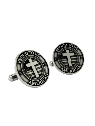 An extreme close-up of a Proud to be American Cufflink, emphasizing the fine details of the stars and stripes behind the polished cross.
