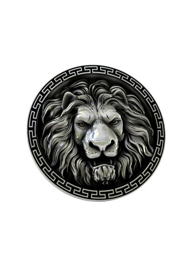 An extreme close-up of a sterling silver Lion Cufflink, emphasizing the fine details of the lion's fierce expression and the precise Greek Key design.