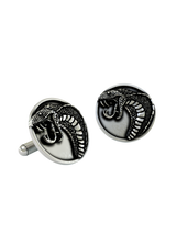 An extreme close-up of a sterling silver Snake Cufflink, emphasizing the lifelike texture of the scales and the polished fangs.