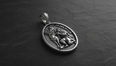 Angled detail of Saint Hubert Medal Pendant sterling silver pendant highlighting intricate stag antlers and crucifix between horns