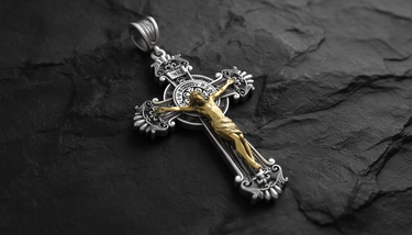 Angled detail view of Saint Benedict Crucifix Pendant two-tone cross showing INRI plaque and baroque ornamental elements