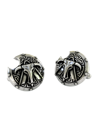 Angled profile view of the Greek warrior sterling silver cufflinks, highlighting the 3D relief of the central crest and shield texture.