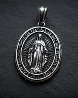 Angled view of Miraculous Medal Pendant sterling silver showing Our Lady Immaculate Conception with prayer inscription