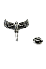 Angled view of the Mythology Icarus Pin, showcasing the three-dimensional depth of the wings and figure
