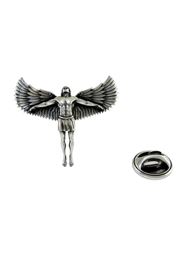 Angled view of the Mythology Icarus Pin, showcasing the three-dimensional depth of the wings and figure
