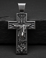 Ascension Cross Pendant 925 sterling silver pendant - front view showcasing detailed Jesus Christ ascending to heaven with divine rays