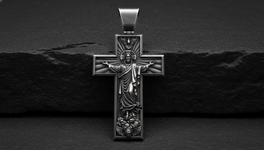 Ascension Cross Pendant 925 sterling silver pendant - front view showcasing detailed Jesus Christ ascending to heaven with divine rays