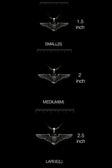 Aviator Wings Pendant shown on a model to demonstrate its size and how it wears as a statement necklace