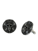 Aztec Skull Warrior 925 sterling silver cufflinks - angled pair view showcasing the intricate headdress and Mesoamerican scrollwork.