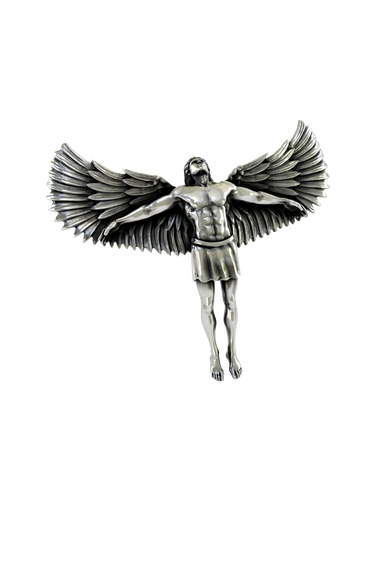 Back of The Fall of Icarus Brooch, showing the 925 sterling silver hallmark and the dual-post pin backing for stability