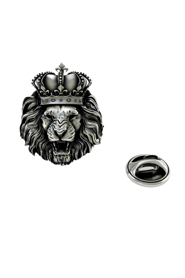 Back of the Crowned Lion King Pin showing the pin post and the separate butterfly clutch backing.